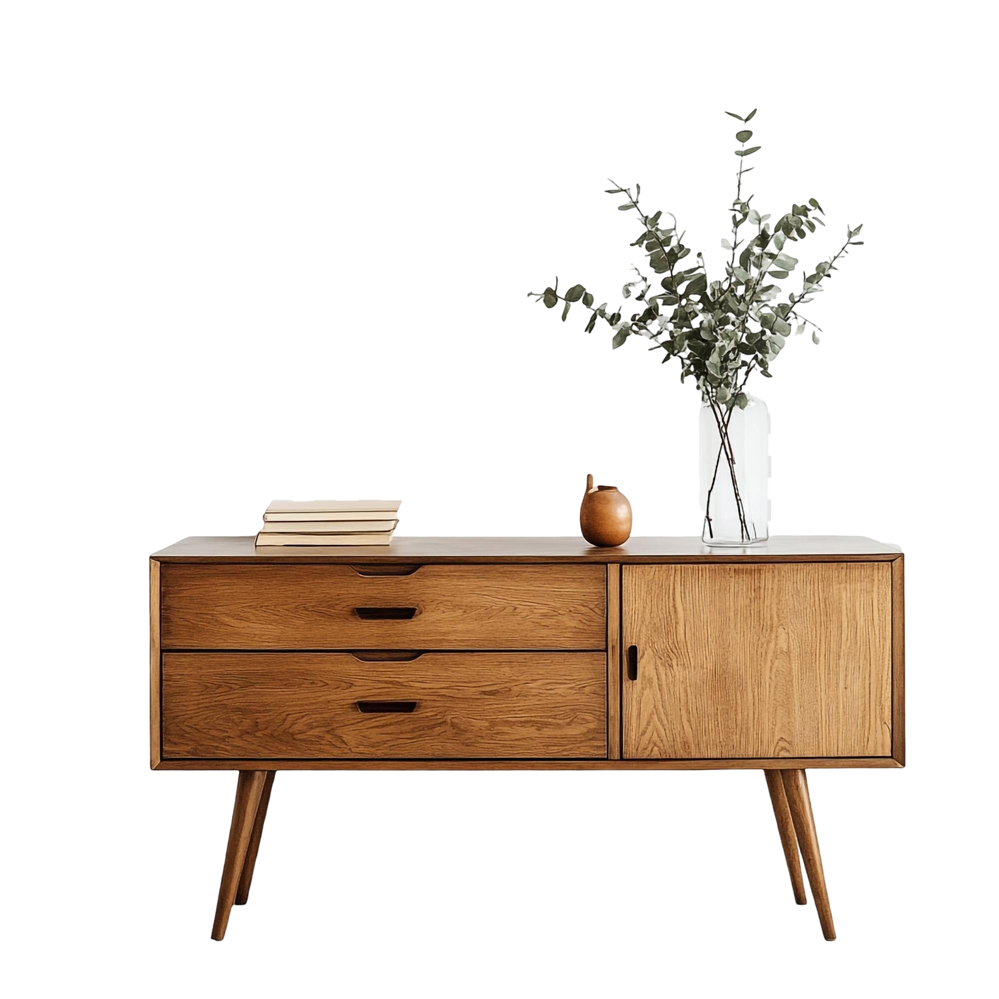 midcentury-modern-wooden-sideboard-with-eucalyptus